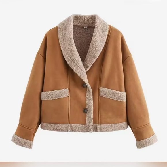 NWT! Brown Shearling Jacket with Cream Trim - Picture 5 of 16